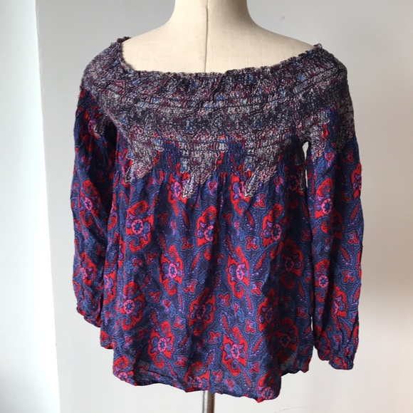 Vintage AMERICA blue & red peasant hippie blouse - Picture 7 of 11